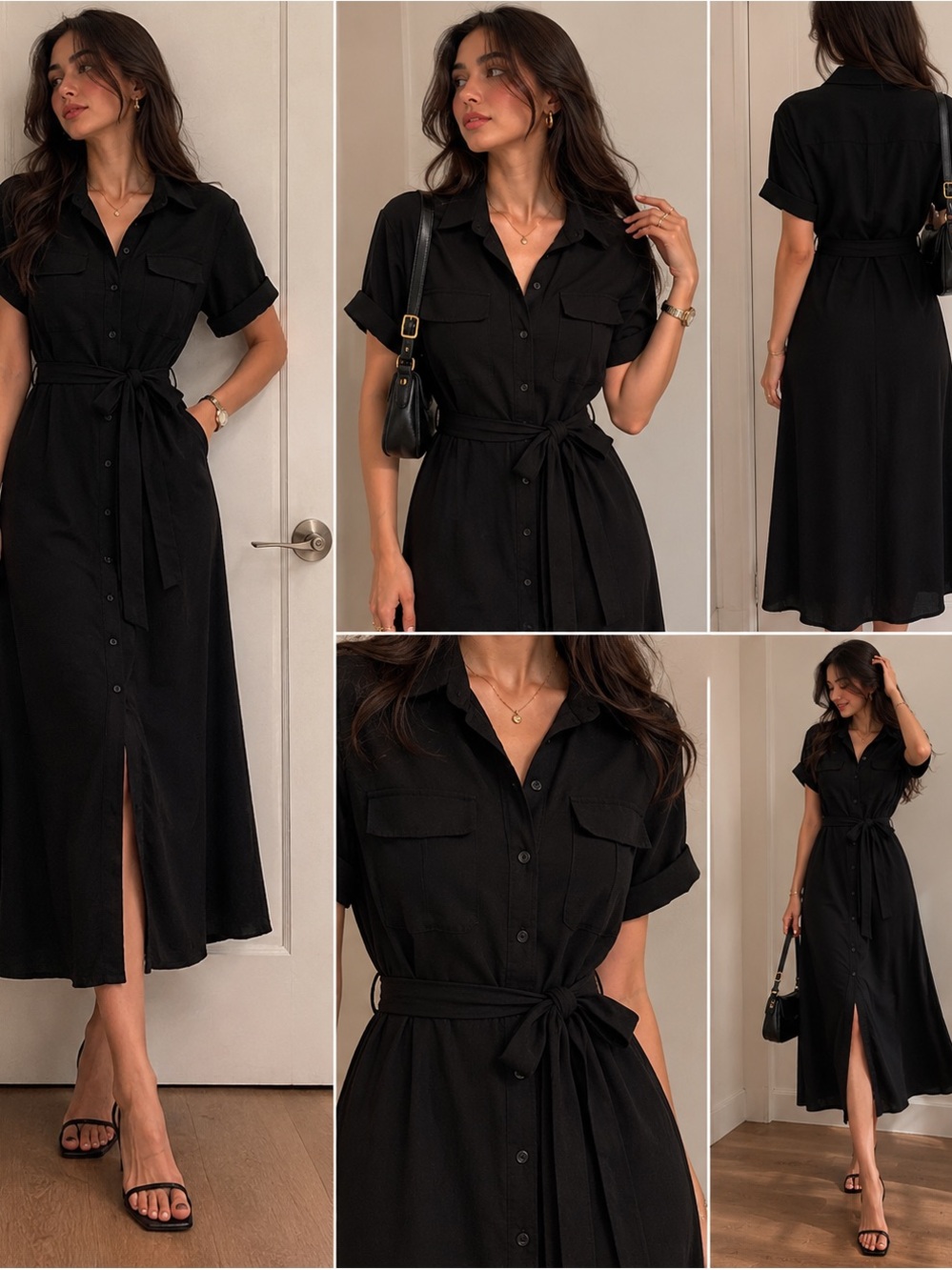 Black Tape Button-Front Maxi Shirt Dress with Tie Waist